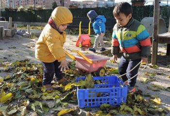 Els infants de 2-3 anys juguen amb fulles al pati